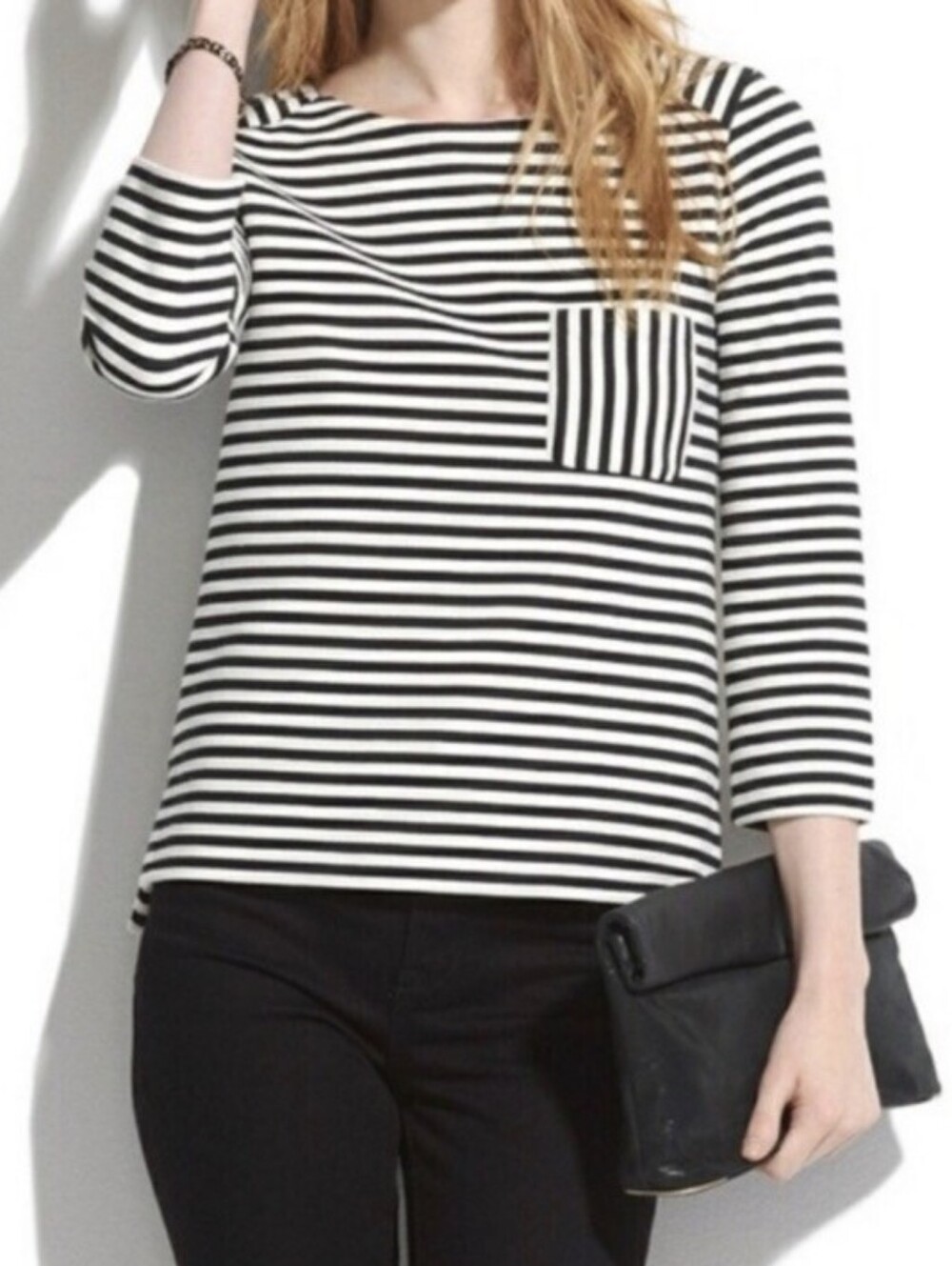 Ellie 3/4 Sleeve Zip Work Blouse Black White Pinstripe Front Pocket